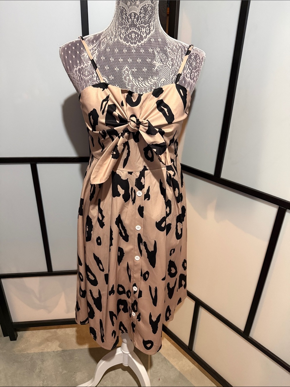 Tie-Front Leopard Print Mini Dress in Beige and Black